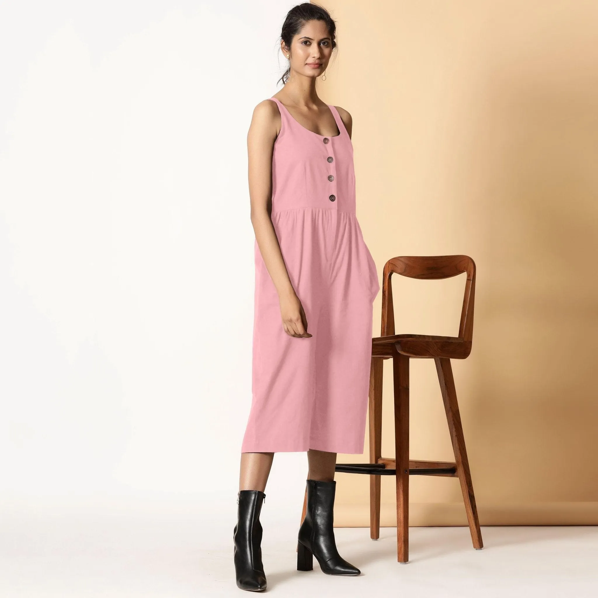 Pink Cotton Flax Button-Down Midi Jumpsuit