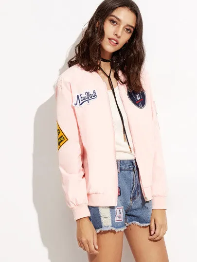 Pink New York Patch Bomber Jacket