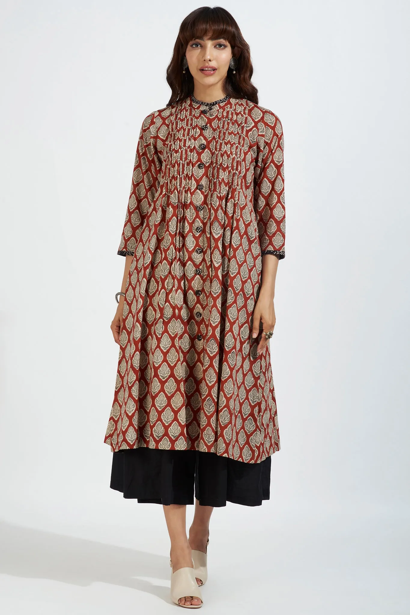 pleated neck pintuck dress - rusty red & mughal charm