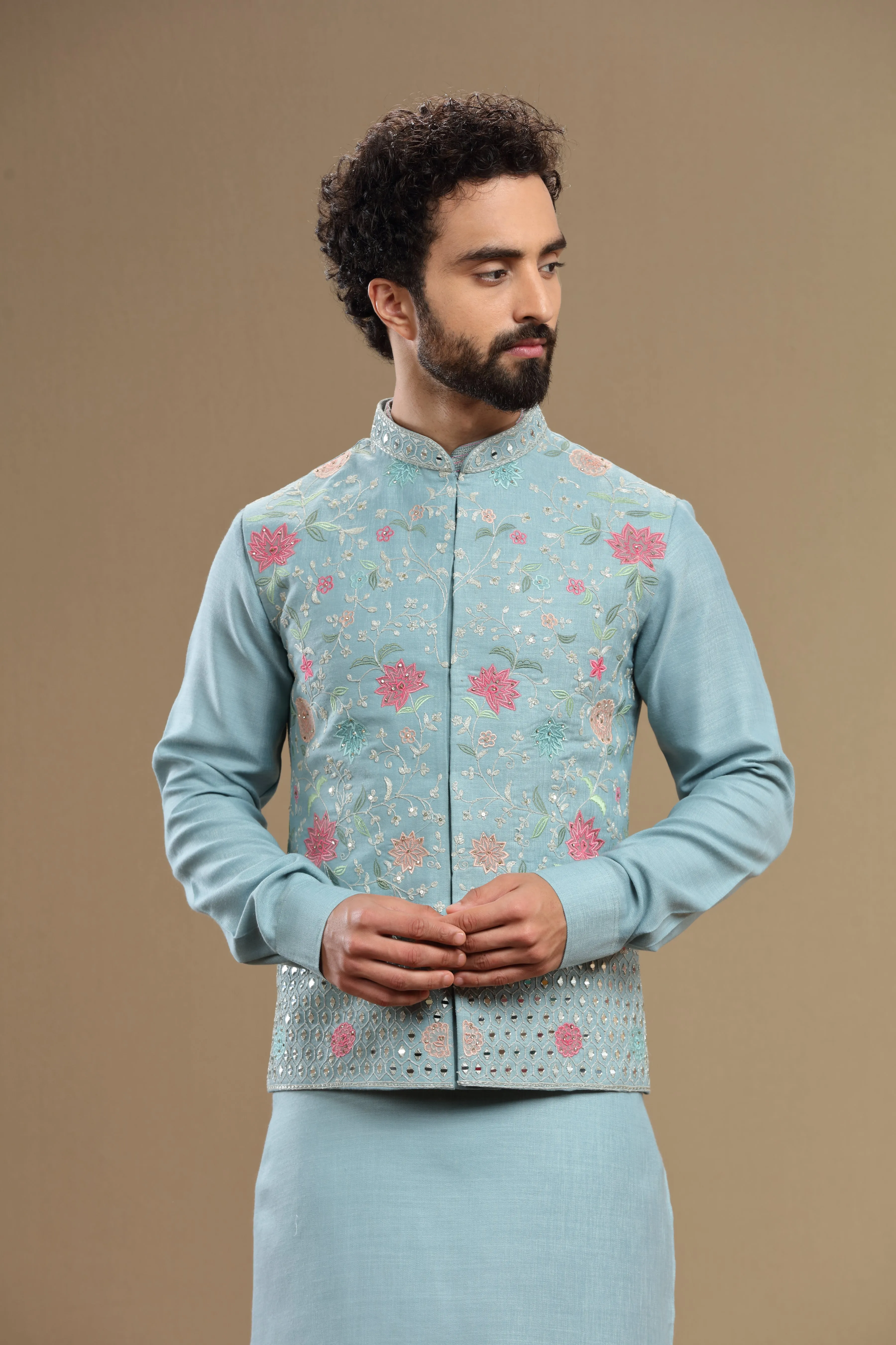 Powder blue Silk jacket set in floral embroidery