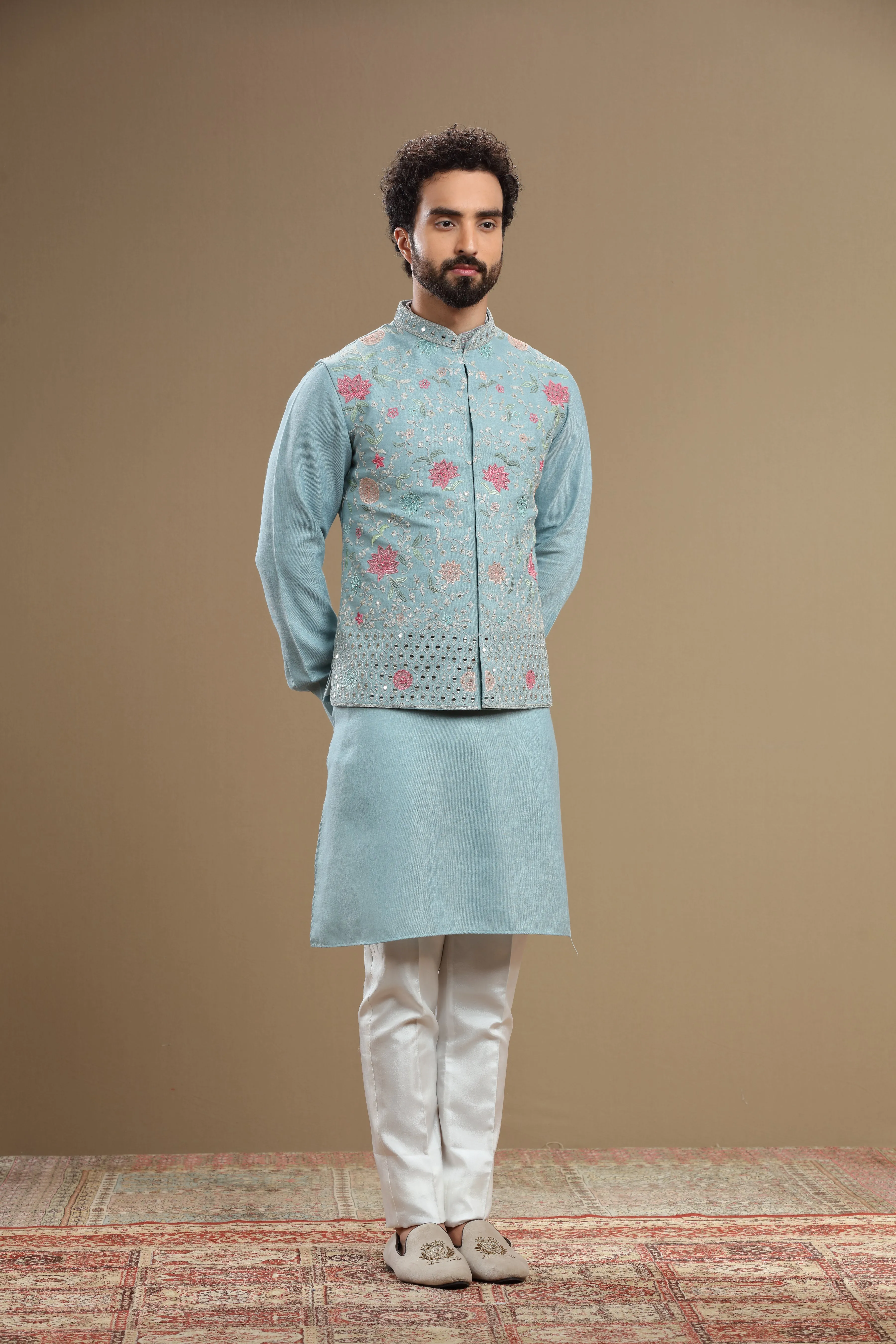 Powder blue Silk jacket set in floral embroidery