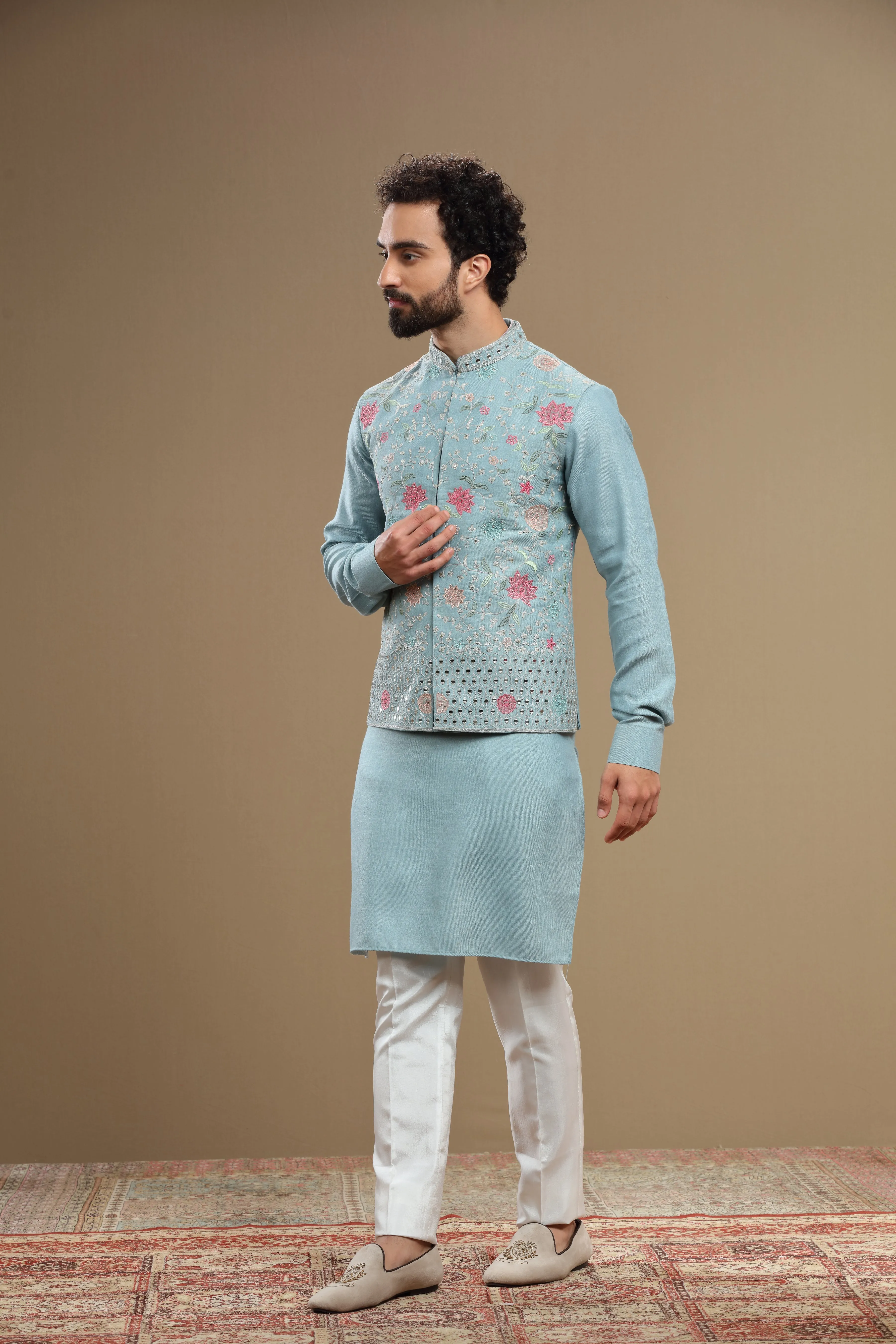 Powder blue Silk jacket set in floral embroidery