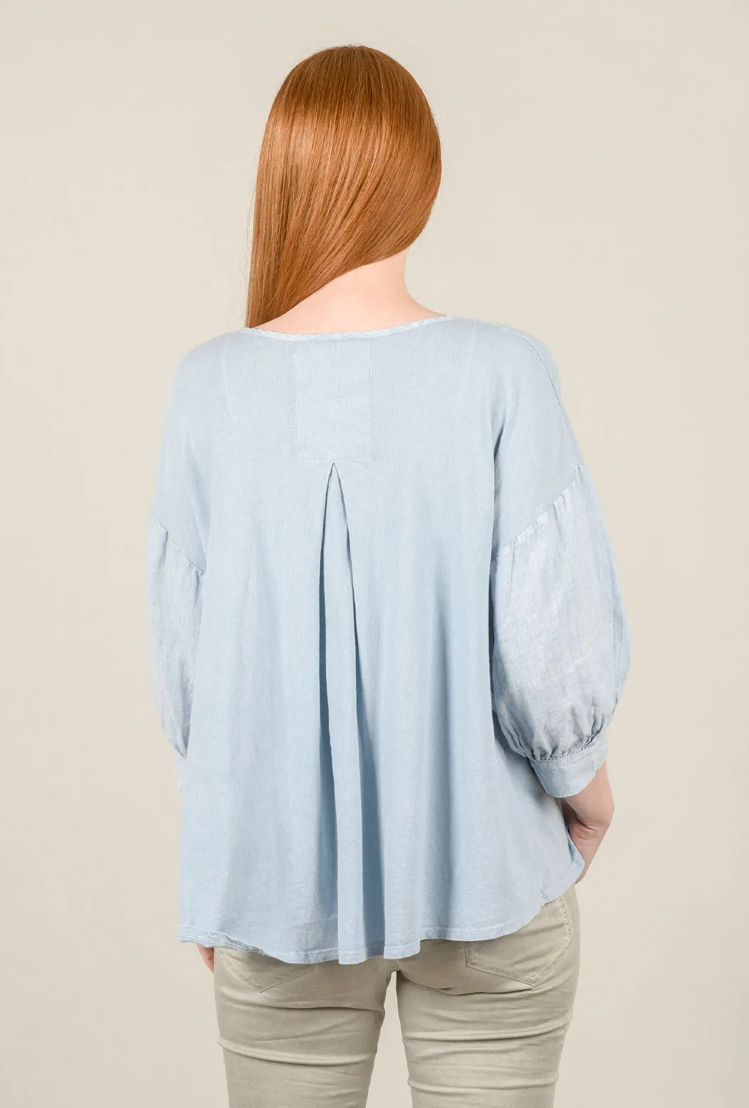 Puff-Sleeve Mineral Wash Top, Frosty Blue