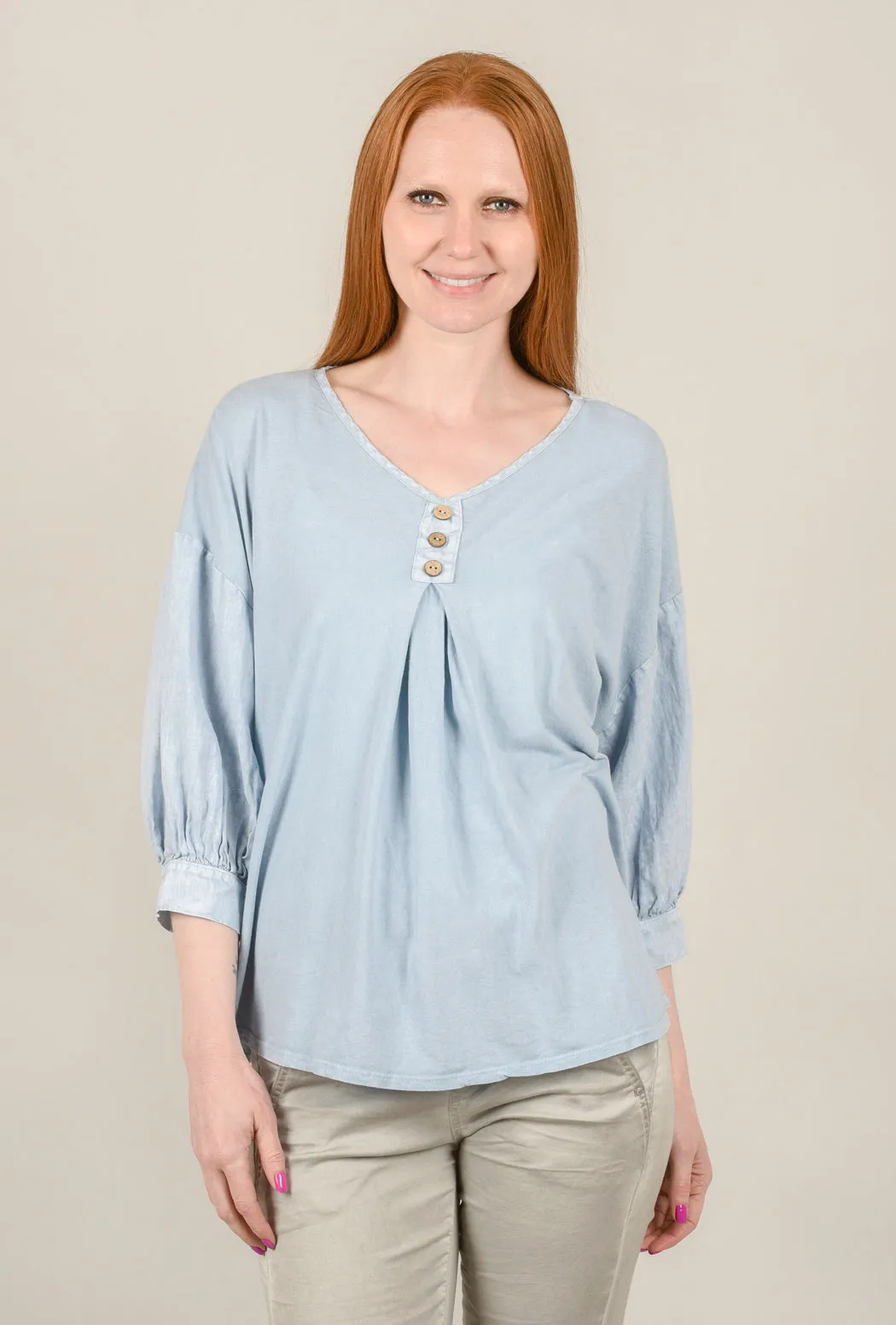 Puff-Sleeve Mineral Wash Top, Frosty Blue