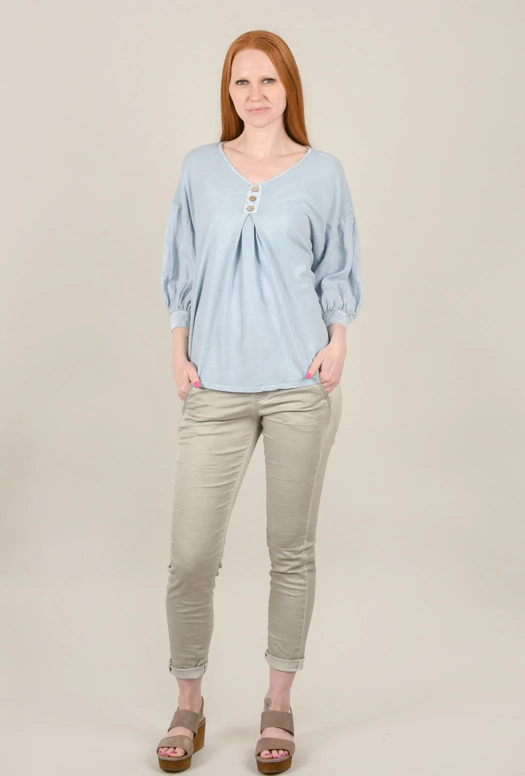 Puff-Sleeve Mineral Wash Top, Frosty Blue