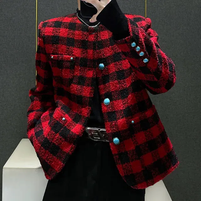 Red Black Lattice Contrast Jacket