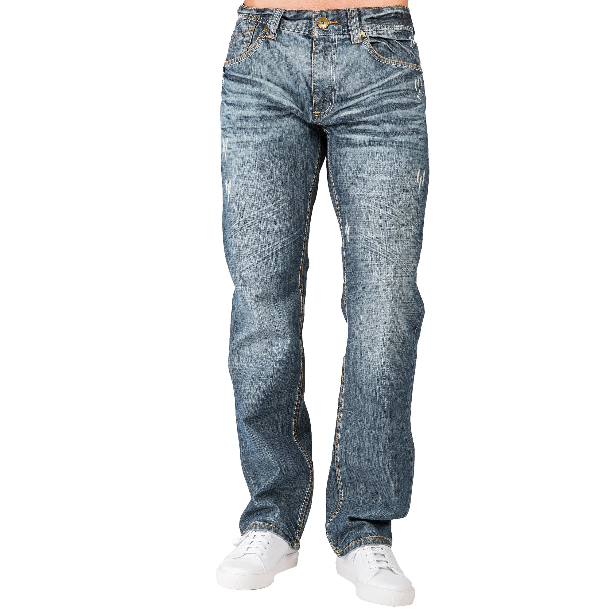 Relaxed Straight Medium Blue Distressed Premium Denim Signature 5 Pocket Jeans Whiskering