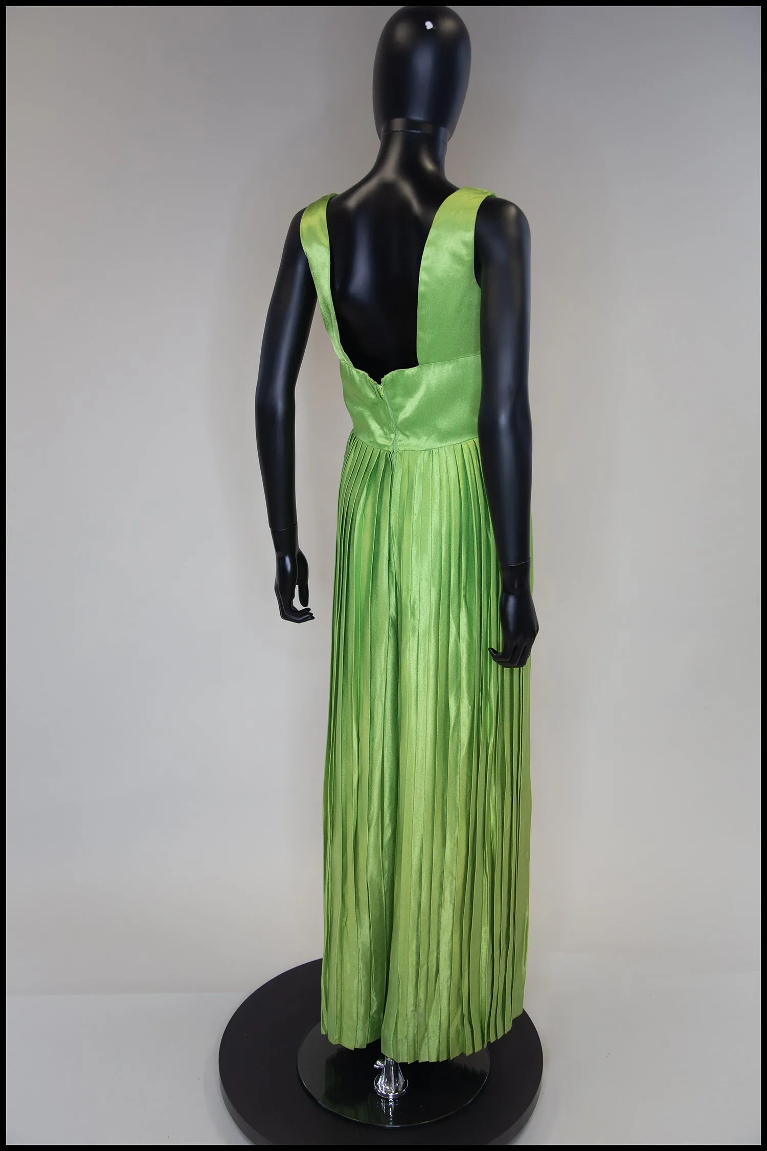 RESERVED Vintage 1960s Lime Green Satin Pleated Jumpsuit Gown