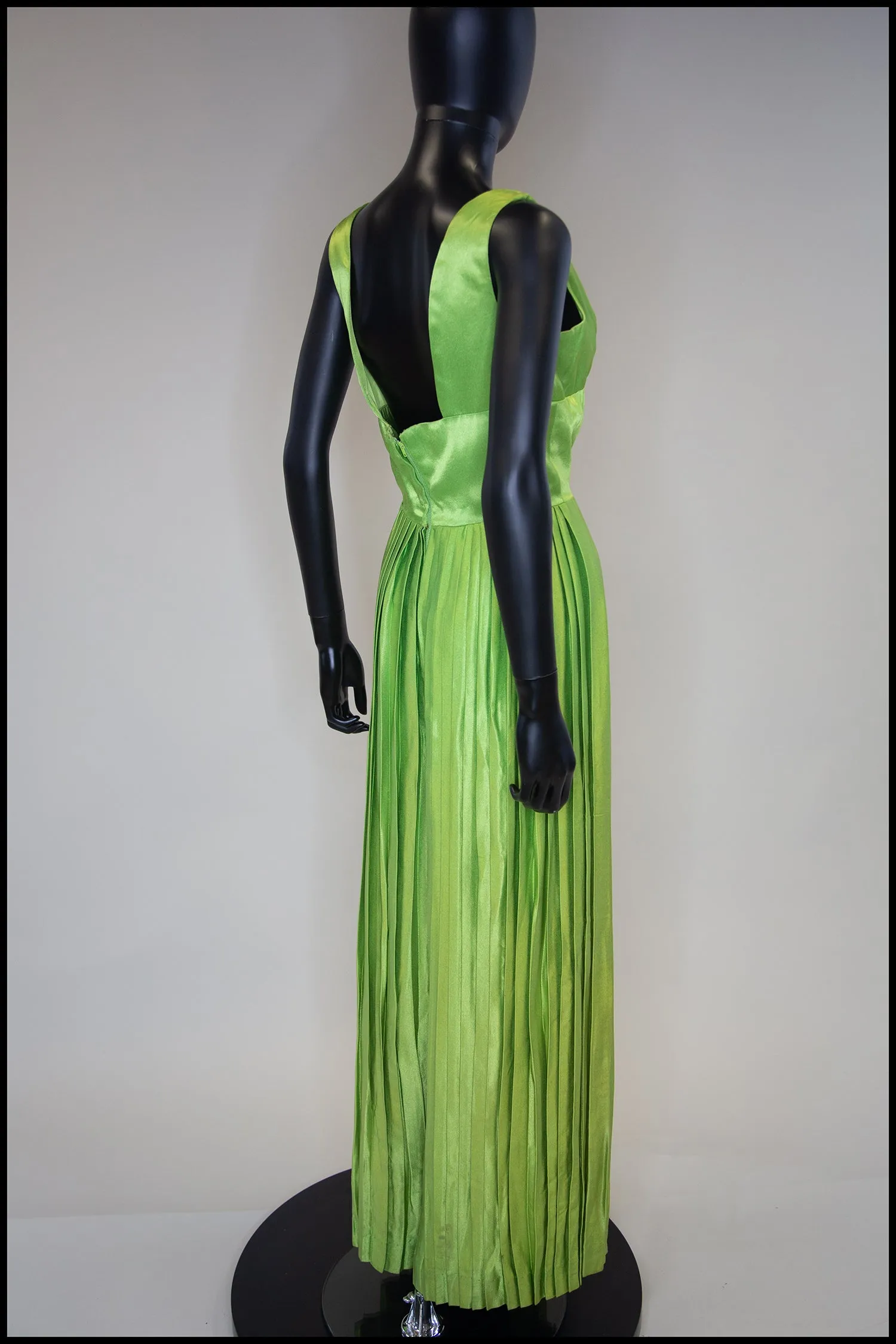 RESERVED Vintage 1960s Lime Green Satin Pleated Jumpsuit Gown