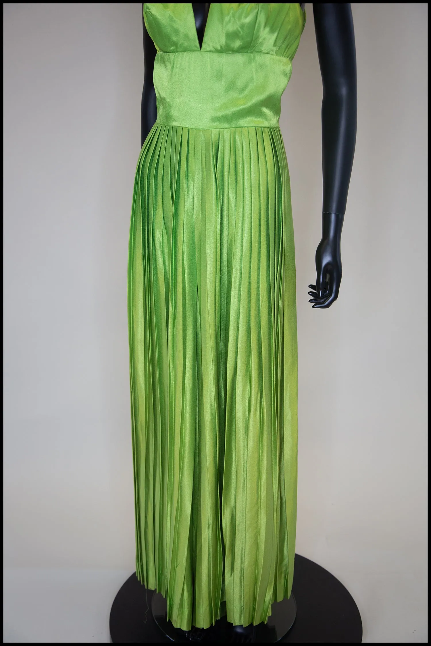 RESERVED Vintage 1960s Lime Green Satin Pleated Jumpsuit Gown