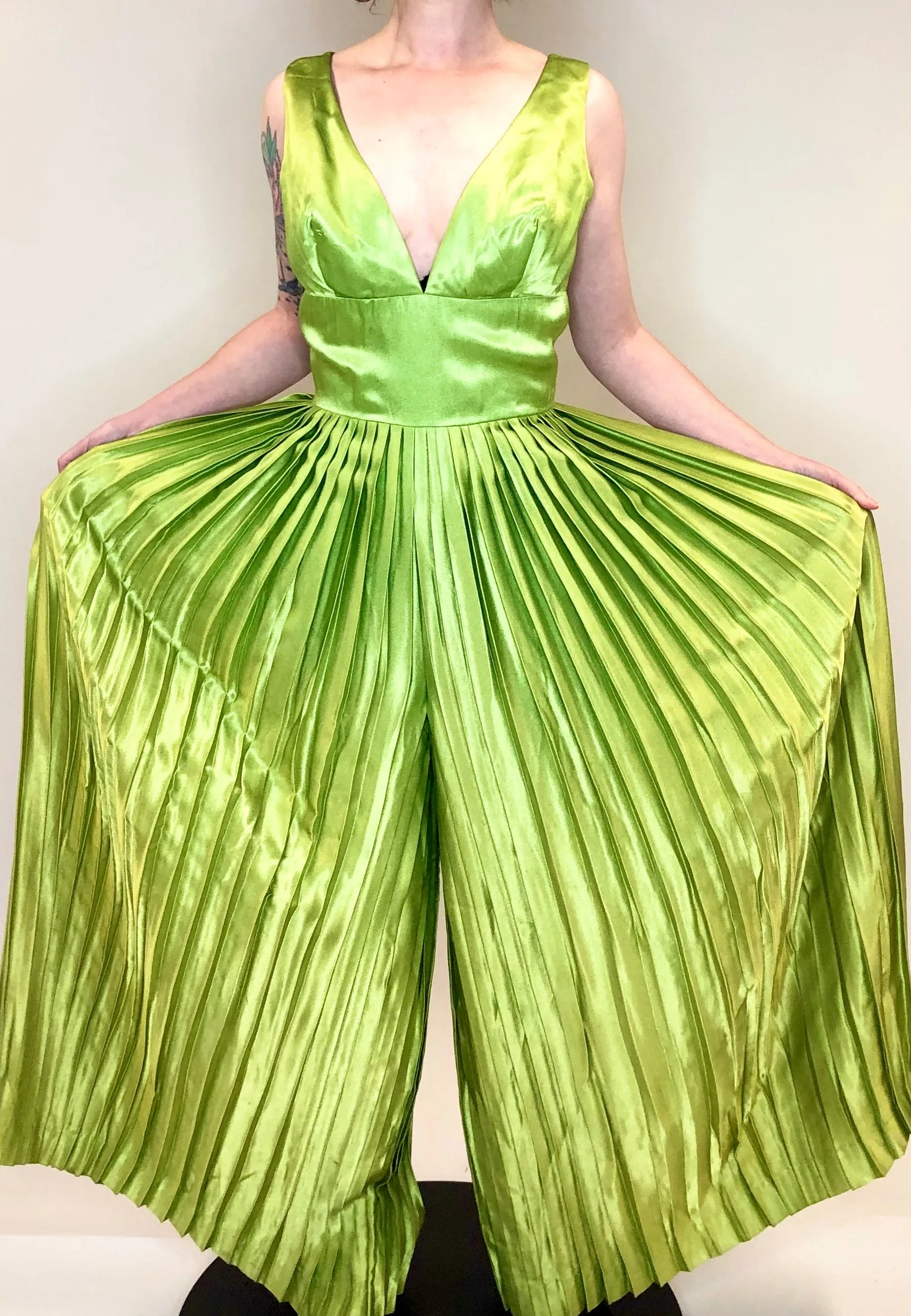 RESERVED Vintage 1960s Lime Green Satin Pleated Jumpsuit Gown