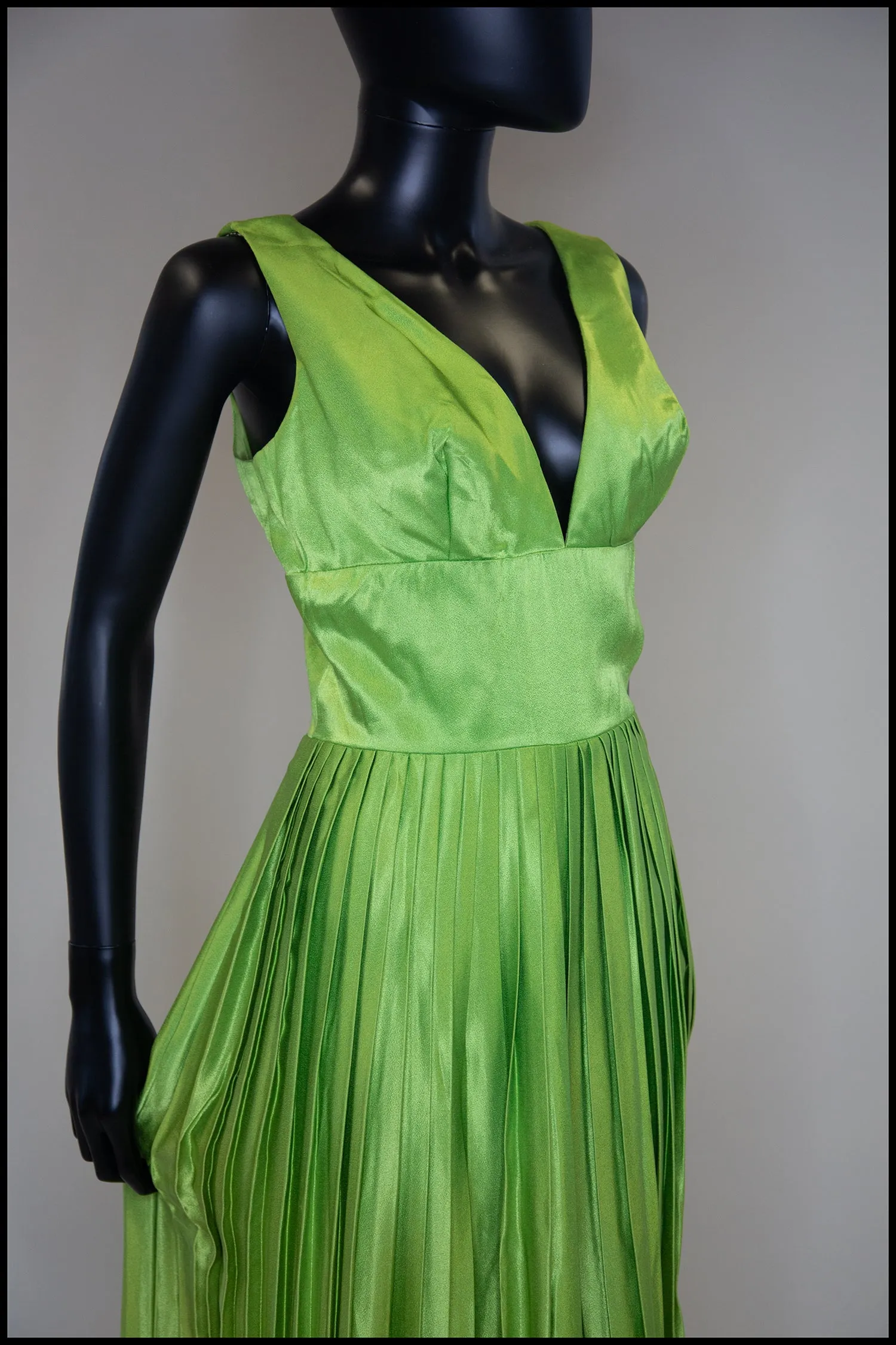 RESERVED Vintage 1960s Lime Green Satin Pleated Jumpsuit Gown