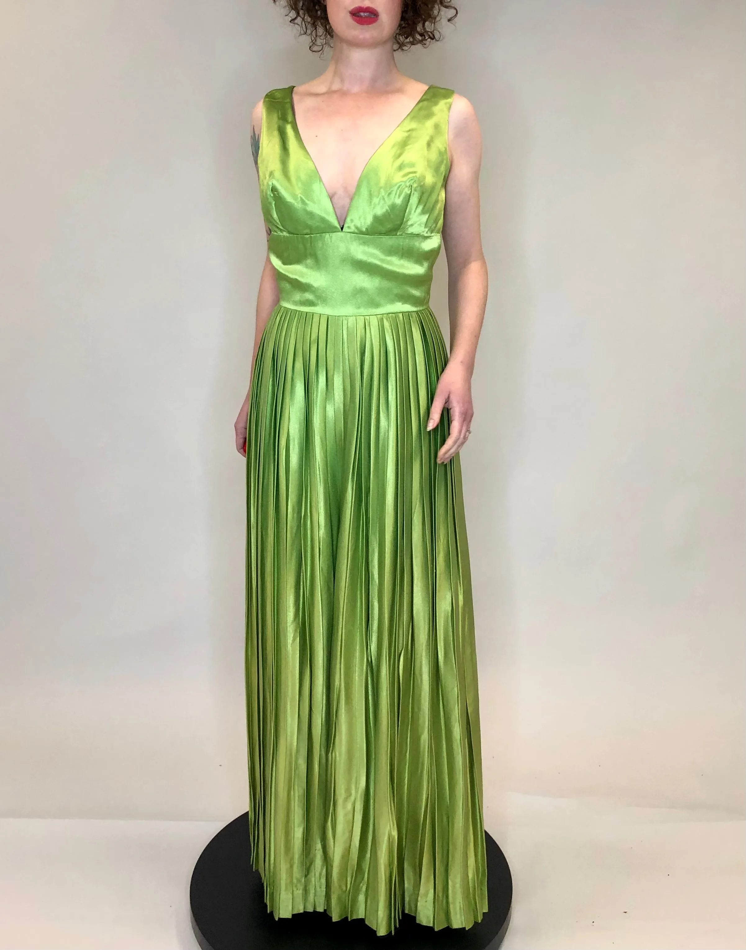 RESERVED Vintage 1960s Lime Green Satin Pleated Jumpsuit Gown