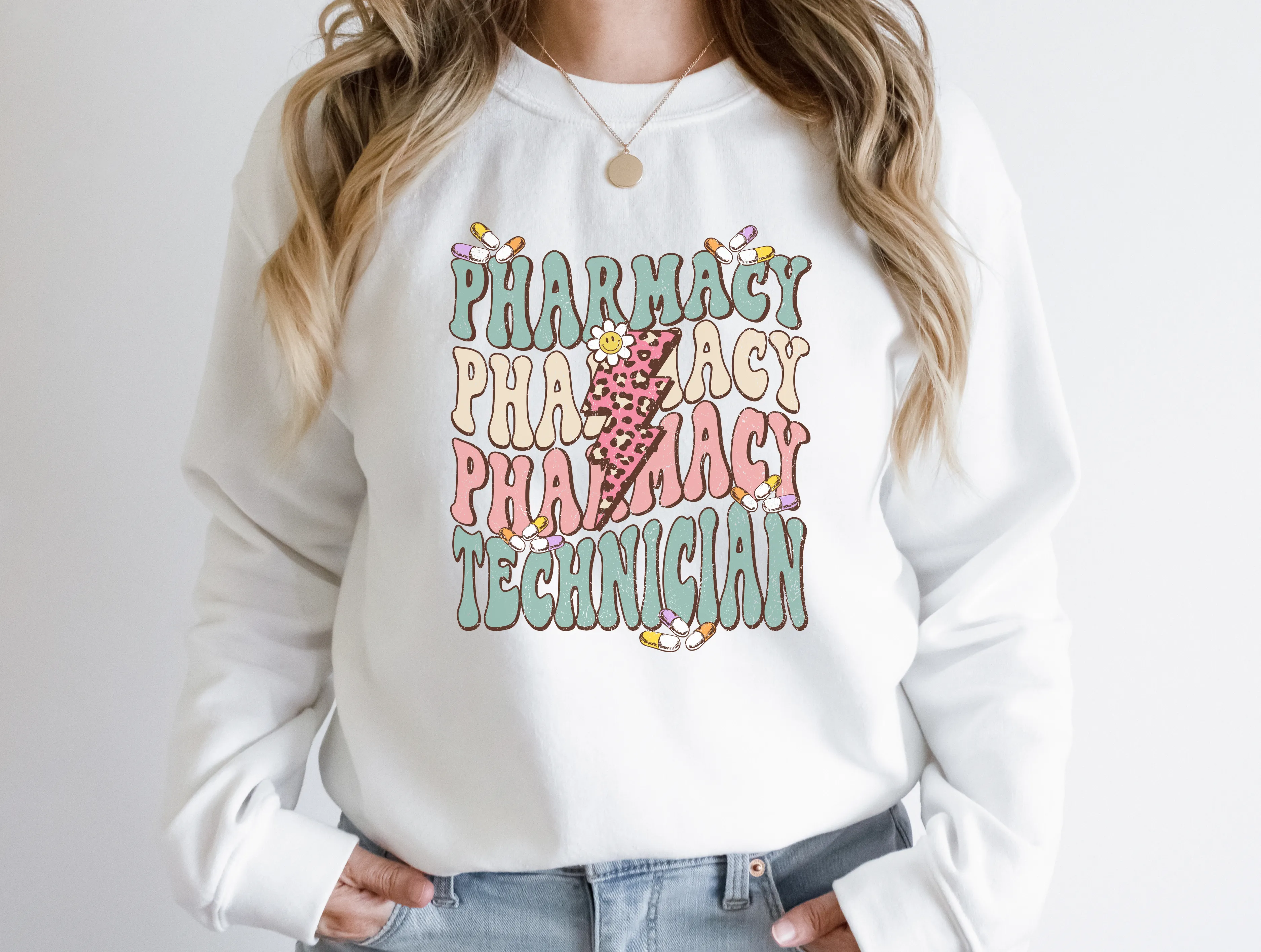 Retro Leopard Print Pharmacy Tech Crewneck Sweatshirt