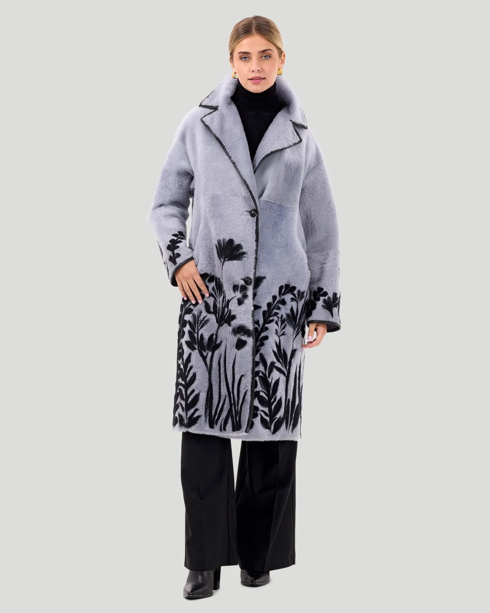 Reversible Select Shearling Lamb Short Coat with Floral Embroidery