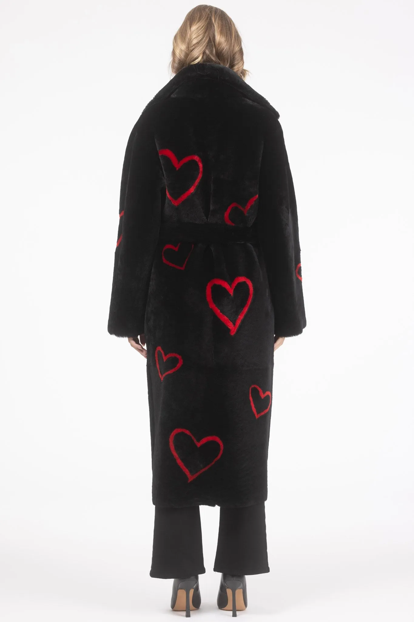 Reversible Shearling Lamb Coat with Heart Intarsia, Belt