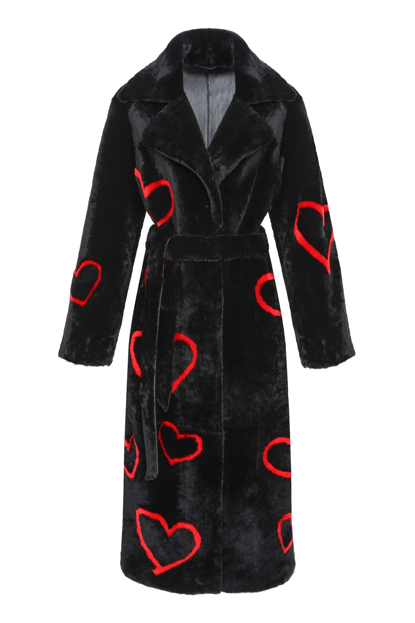 Reversible Shearling Lamb Coat with Heart Intarsia, Belt