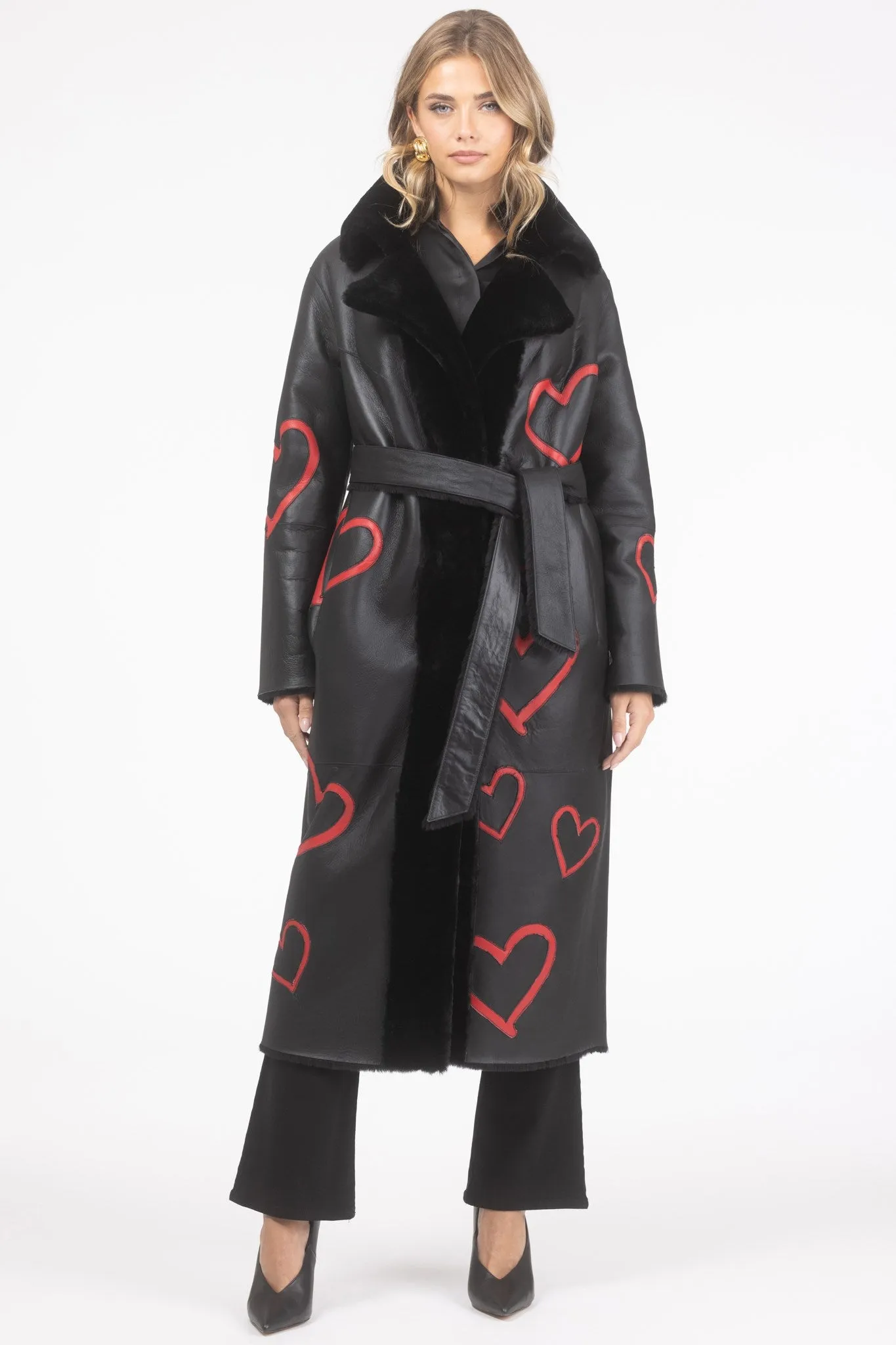 Reversible Shearling Lamb Coat with Heart Intarsia, Belt