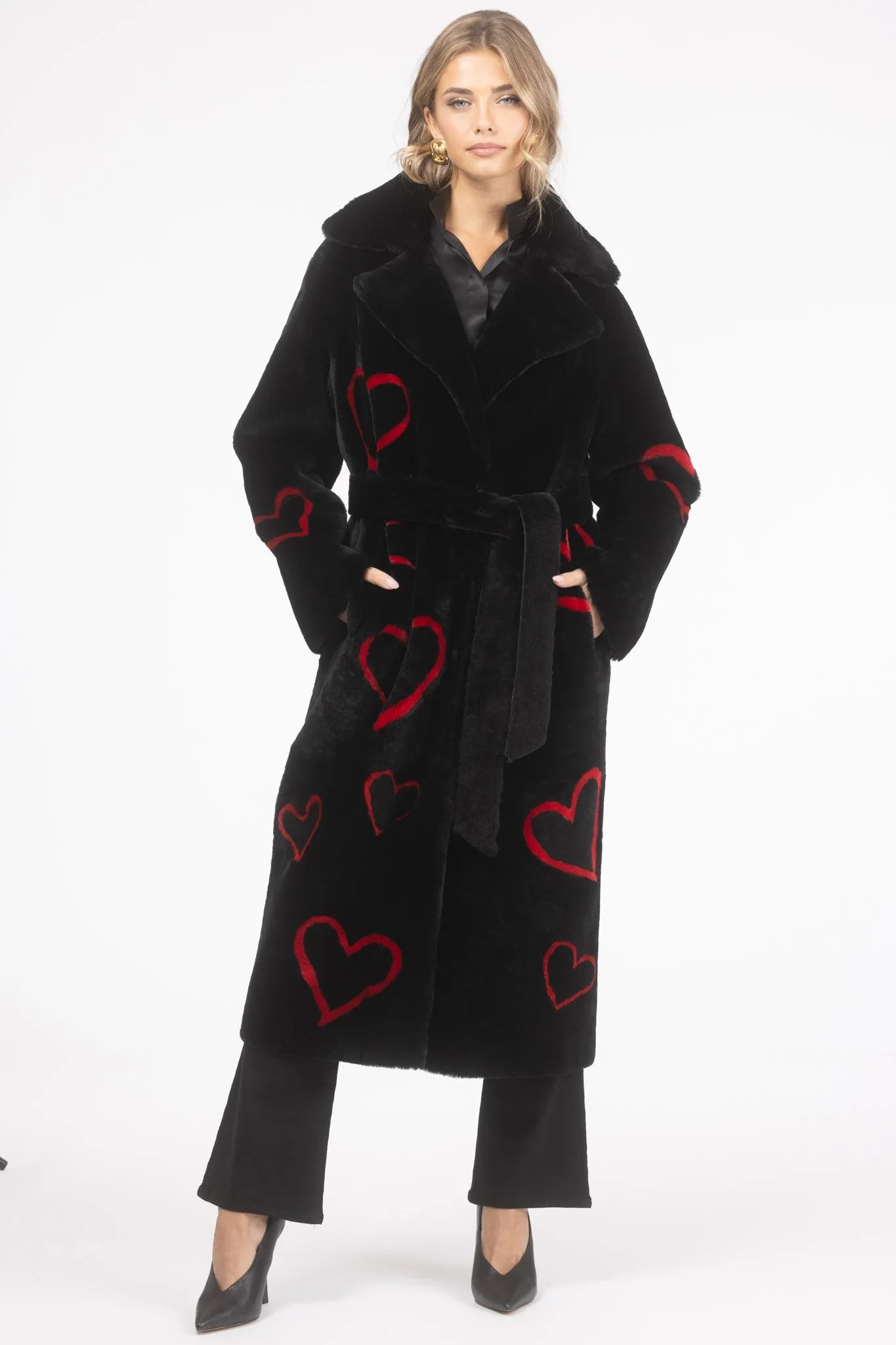 Reversible Shearling Lamb Coat with Heart Intarsia, Belt