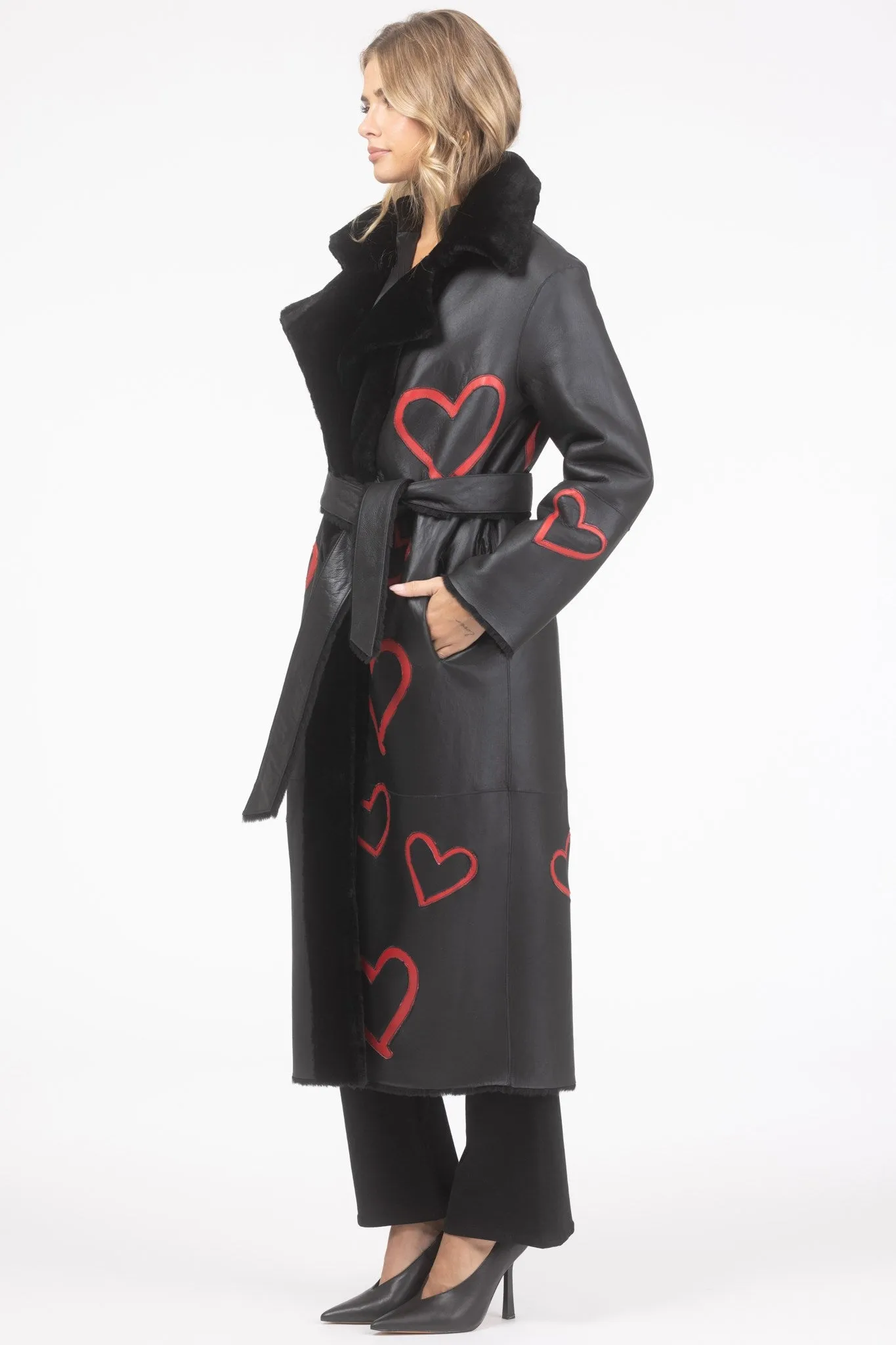 Reversible Shearling Lamb Coat with Heart Intarsia, Belt