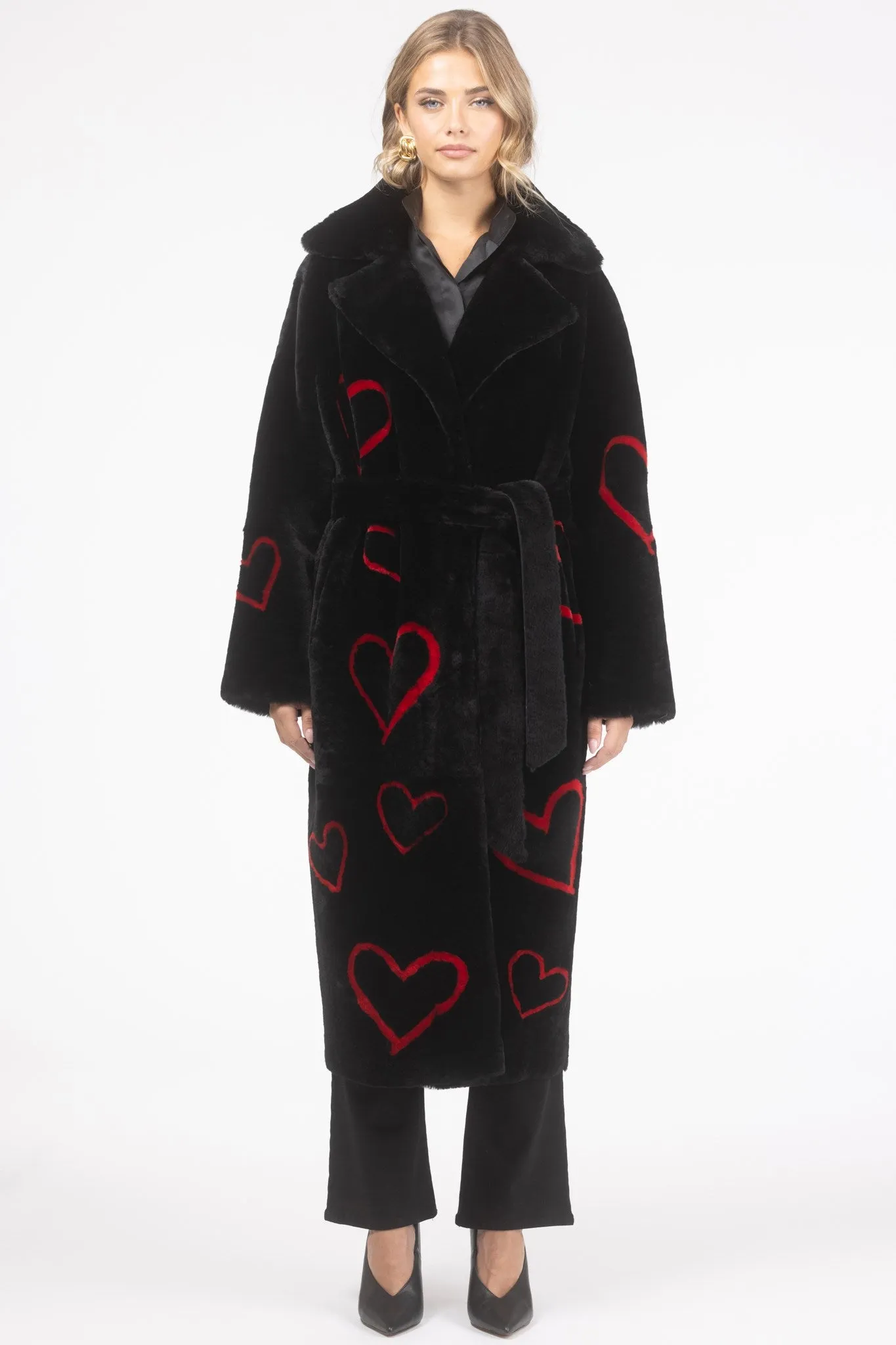 Reversible Shearling Lamb Coat with Heart Intarsia, Belt