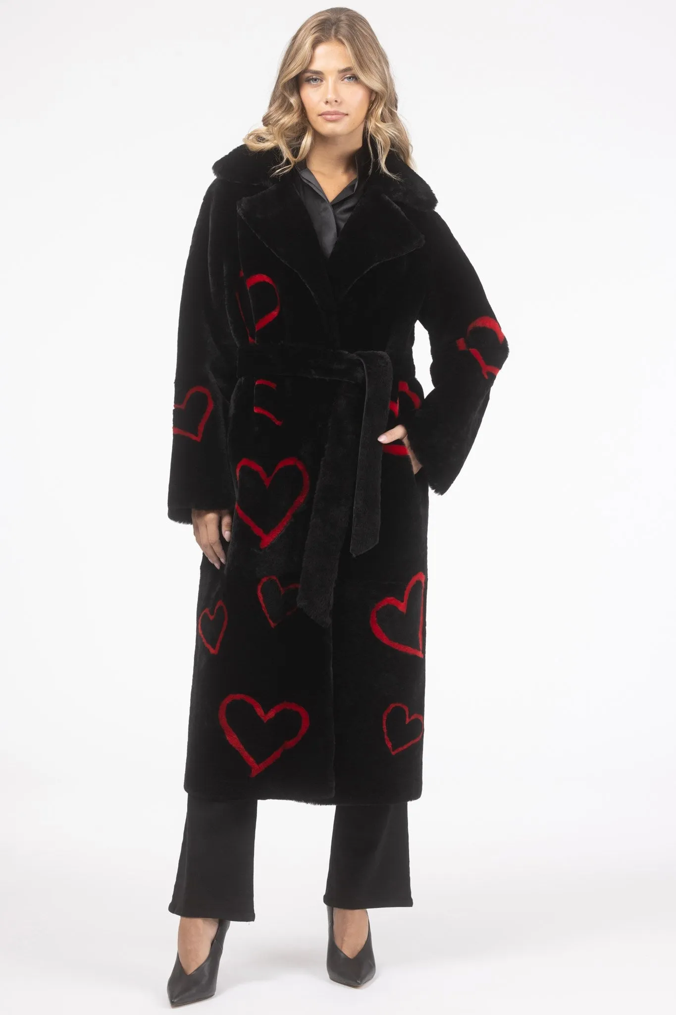 Reversible Shearling Lamb Coat with Heart Intarsia, Belt