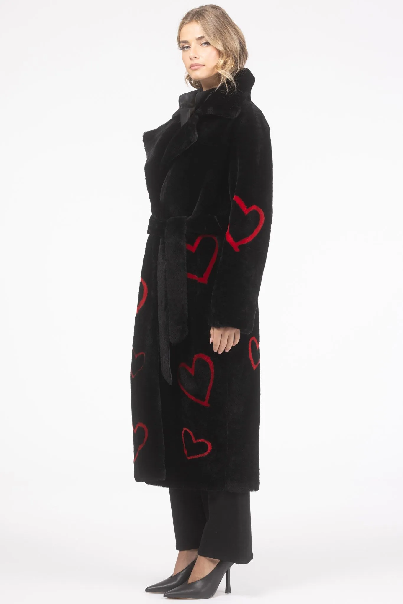 Reversible Shearling Lamb Coat with Heart Intarsia, Belt