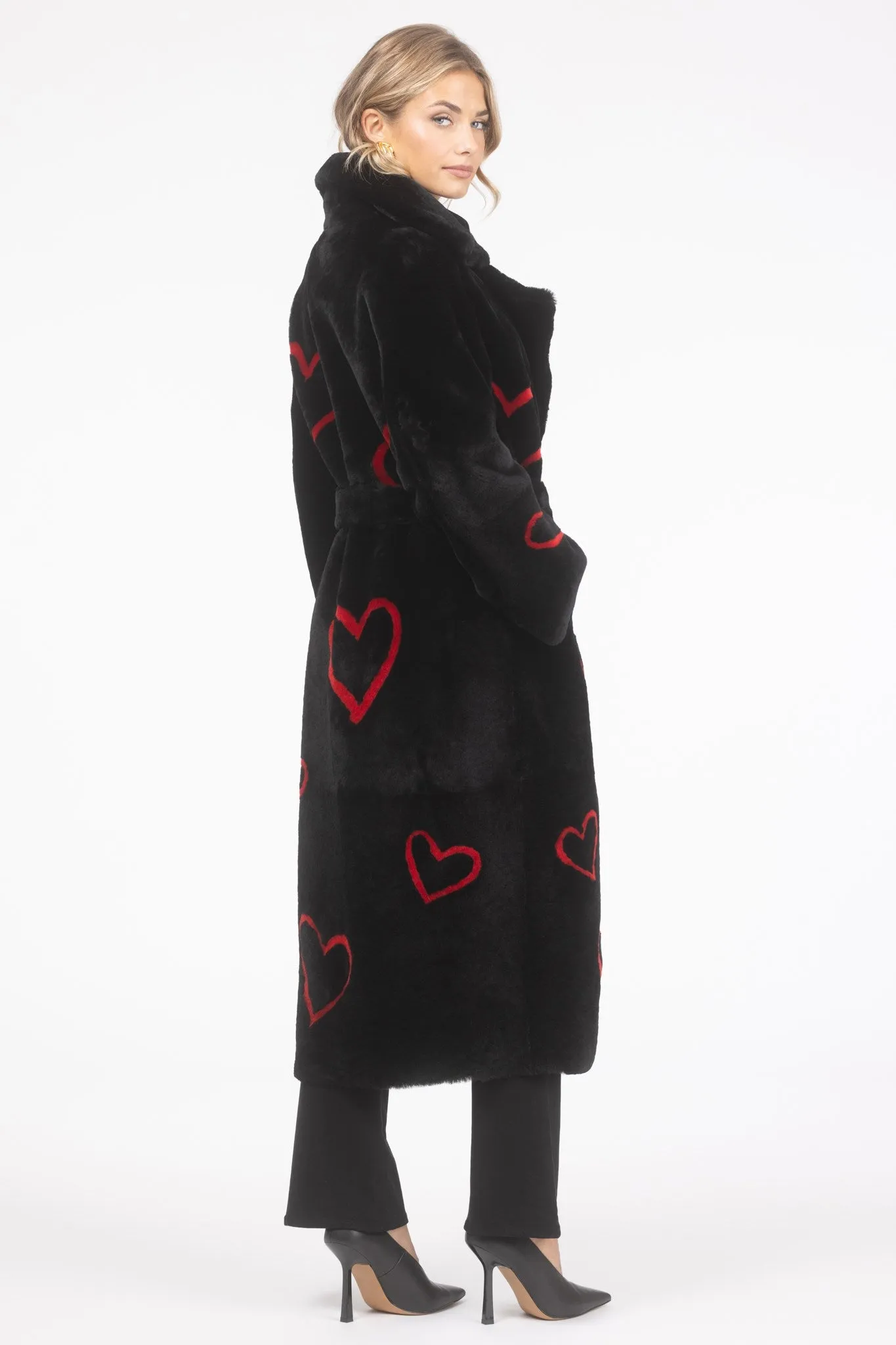 Reversible Shearling Lamb Coat with Heart Intarsia, Belt