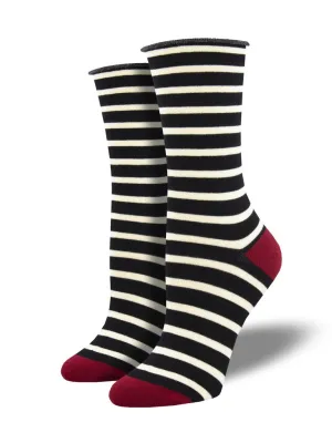 Roll Top Sailor Stripe (Black) Bamboo Women's Crew Socks