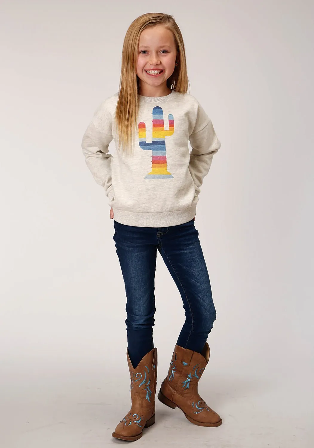 Roper Girls Cream Cotton Blend Multi Cactus Sweatshirt