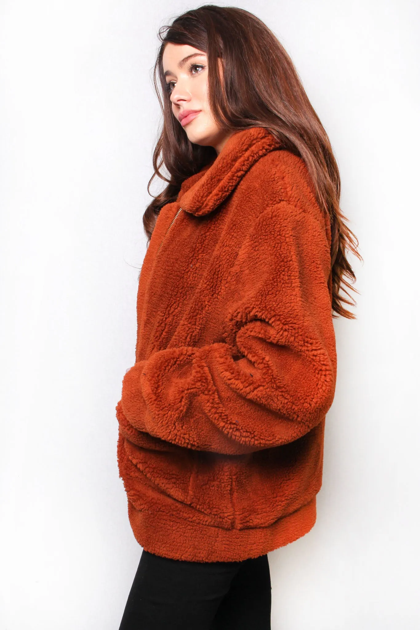 Rust Long Sleeve Fuzzy Double Pocket Jacket