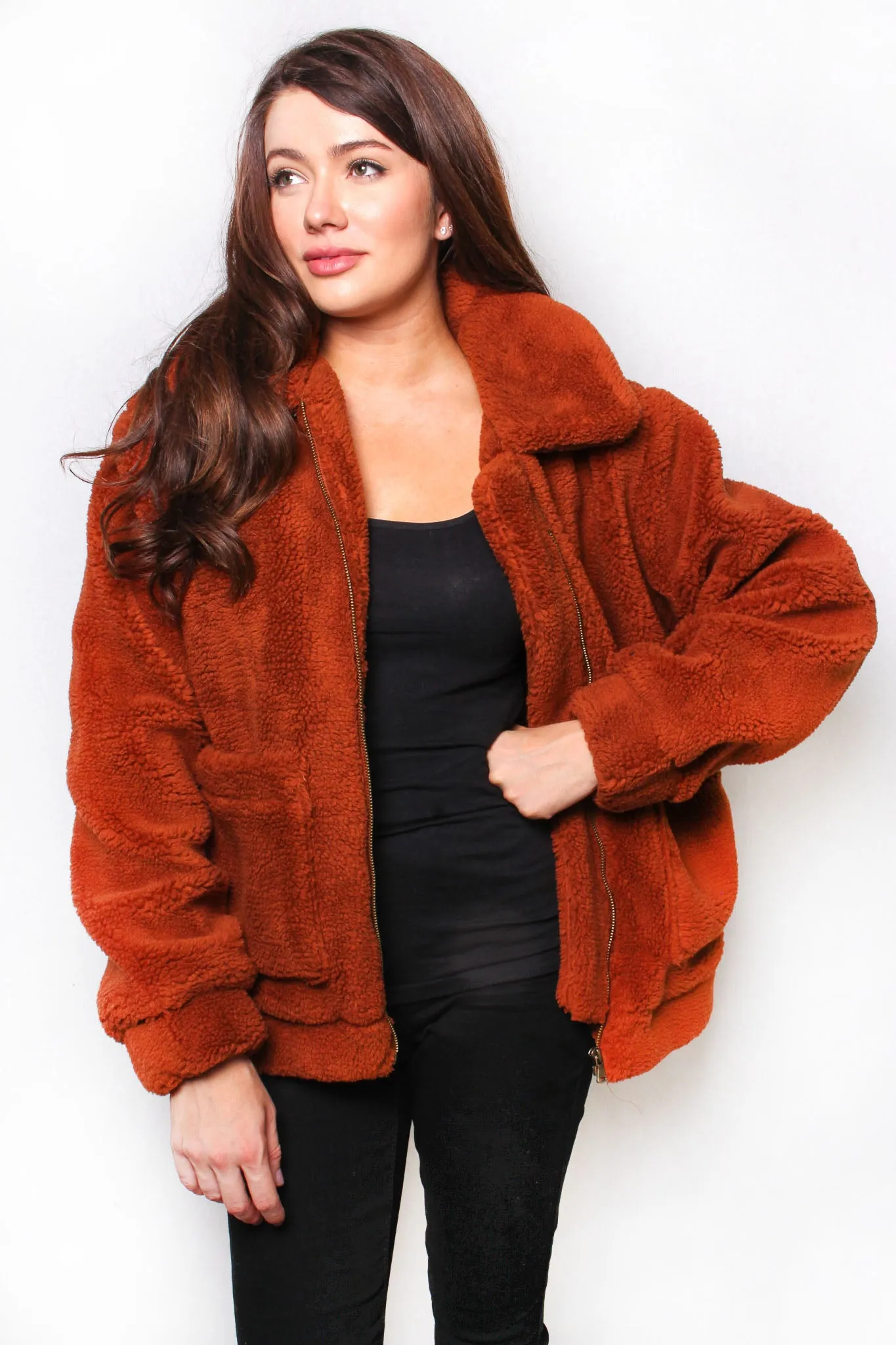 Rust Long Sleeve Fuzzy Double Pocket Jacket