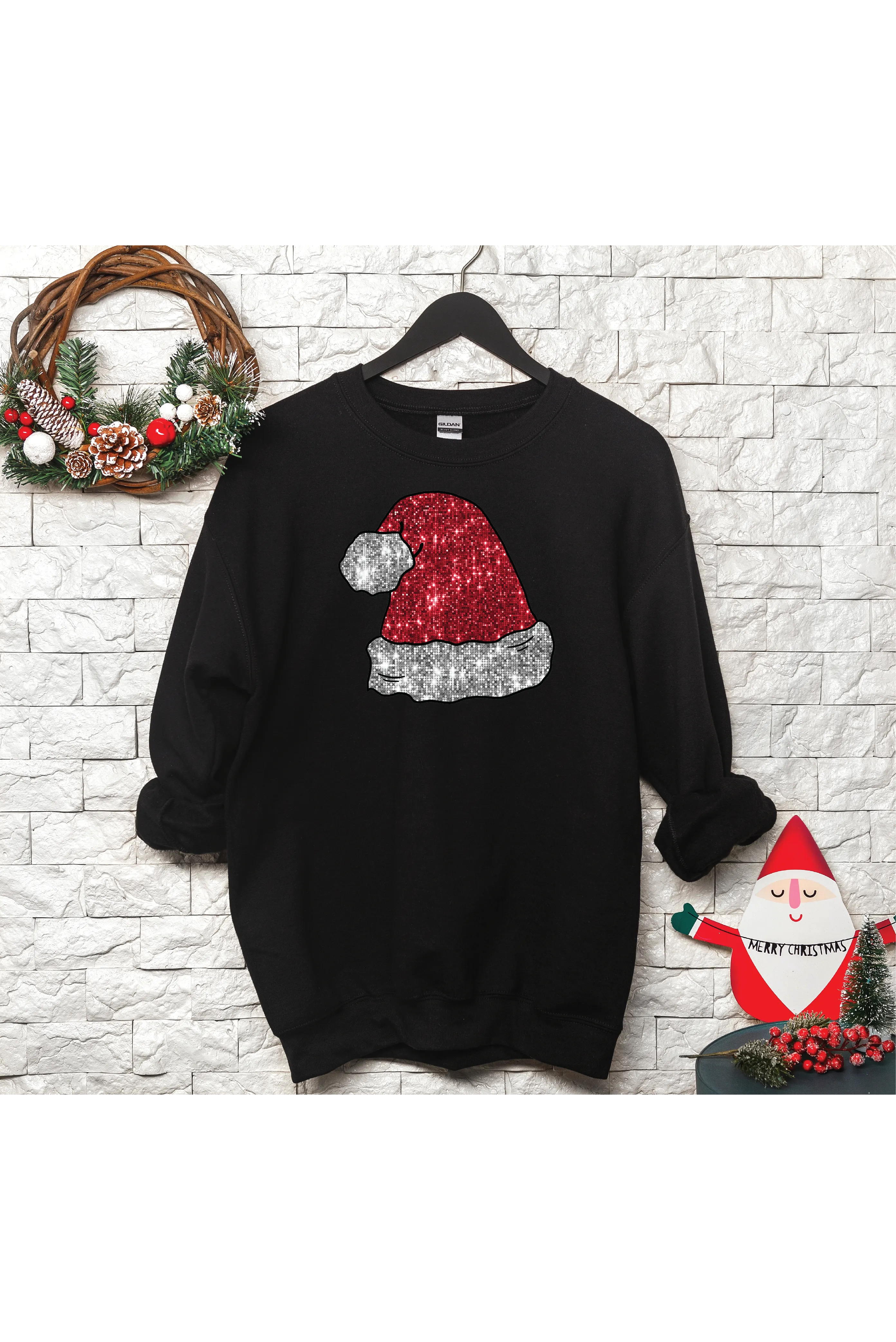 Santa Hat Faux Sequins Crewneck