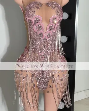 Sexy Gold Diamond Short Prom Dresses  Scoop Girl Cocktail Birthday Outfits See Through Vestido Gala Outfit