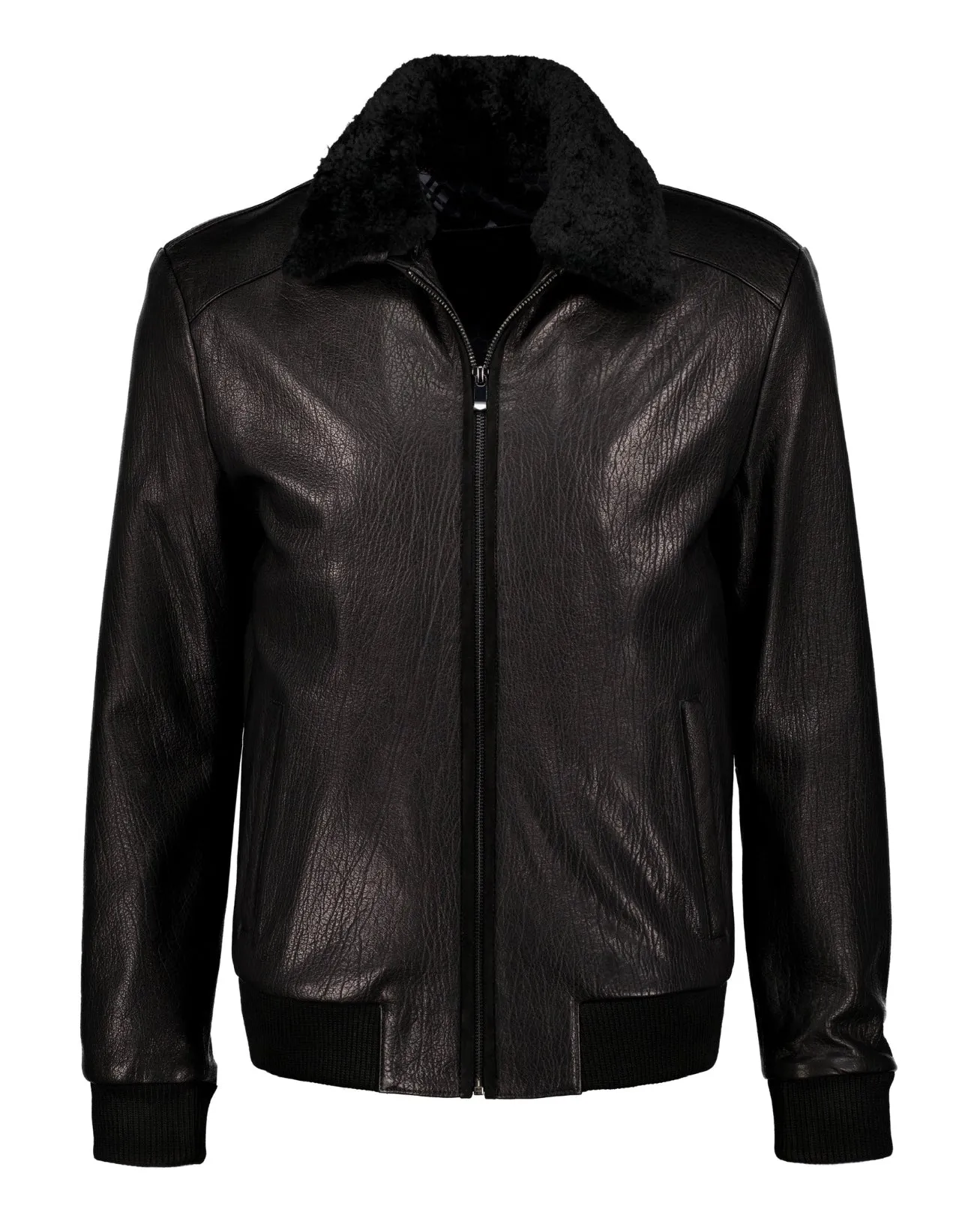 Shearling Collar Leather Jacket - Black