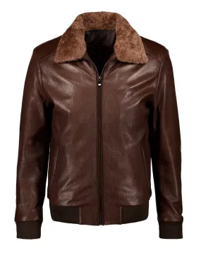 Shearling Collar Leather Jacket - Brown