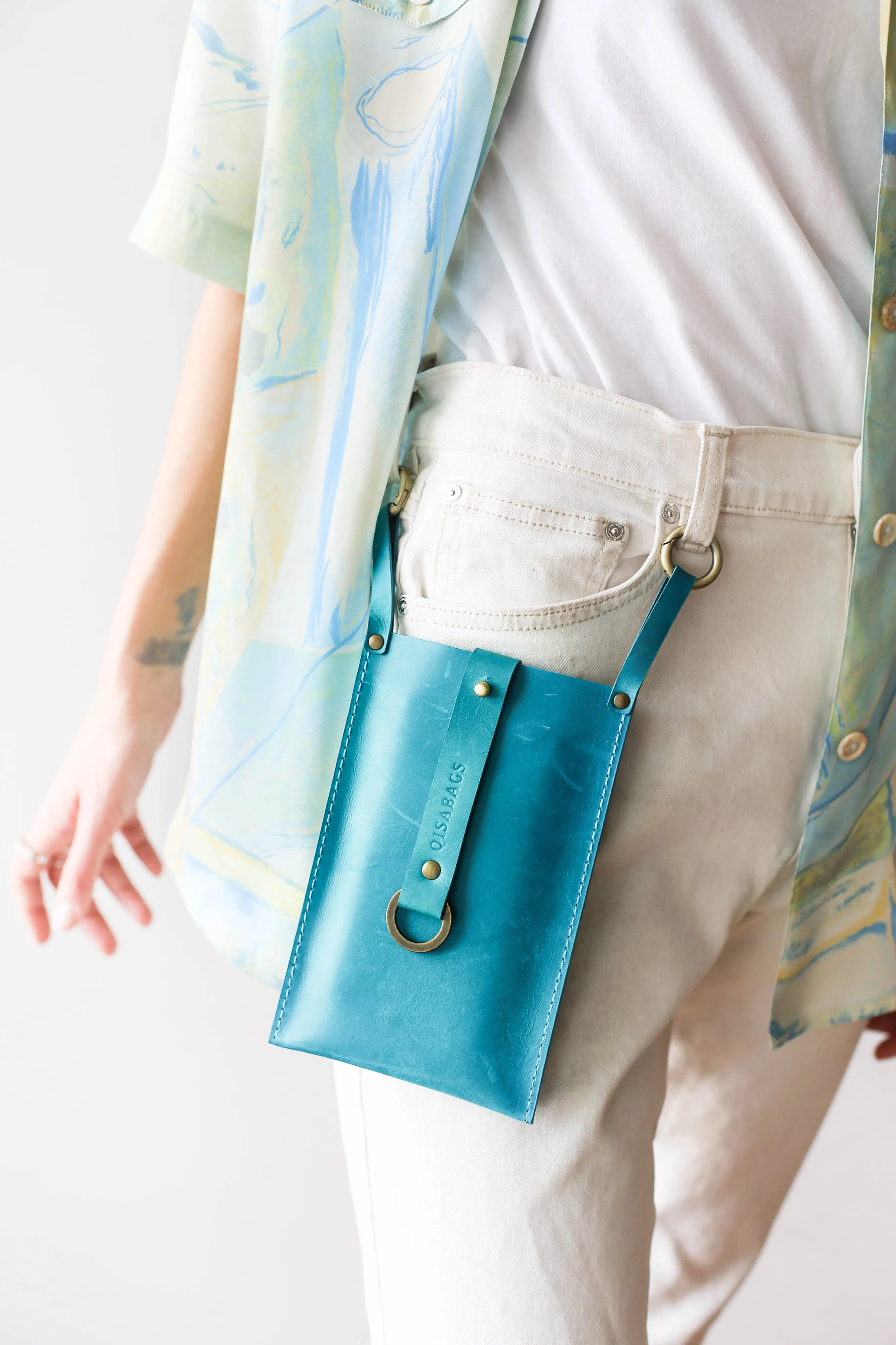 Sky Blue Leather Phone Bag