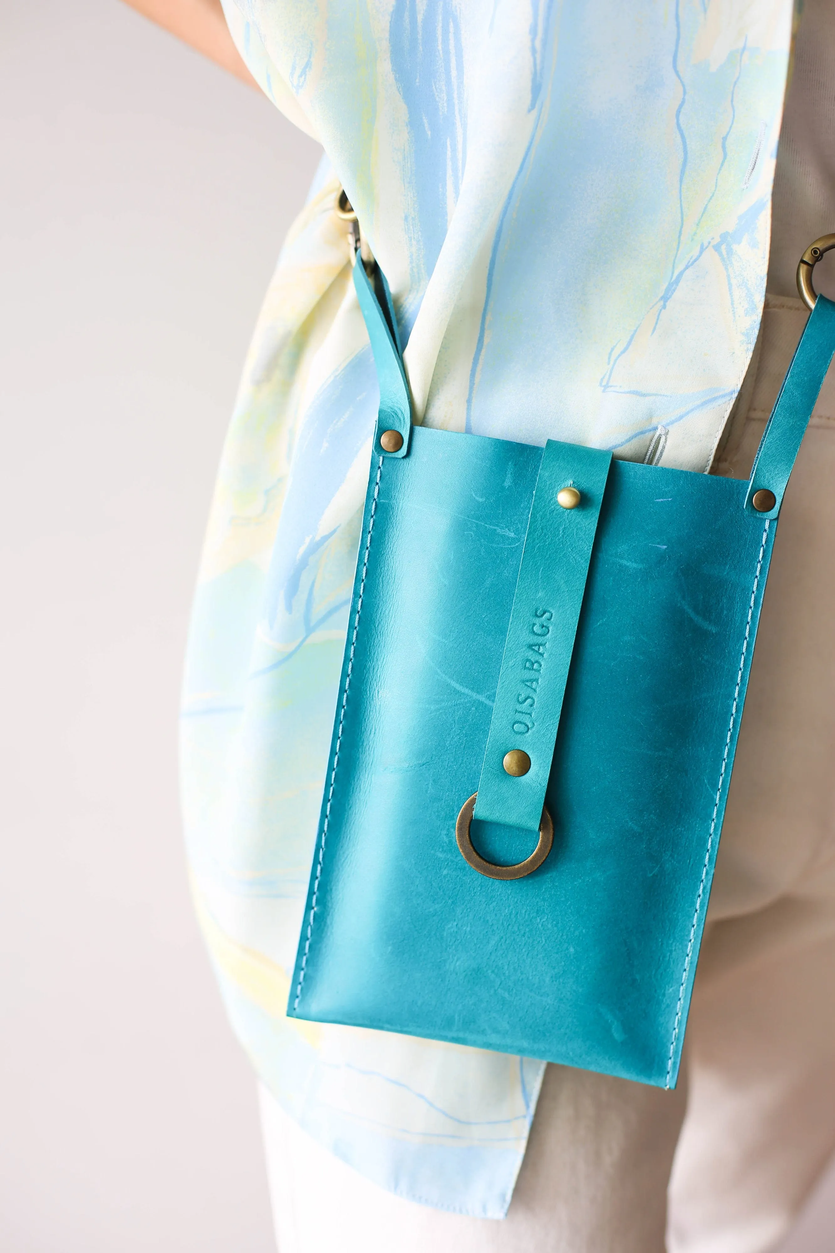 Sky Blue Leather Phone Bag