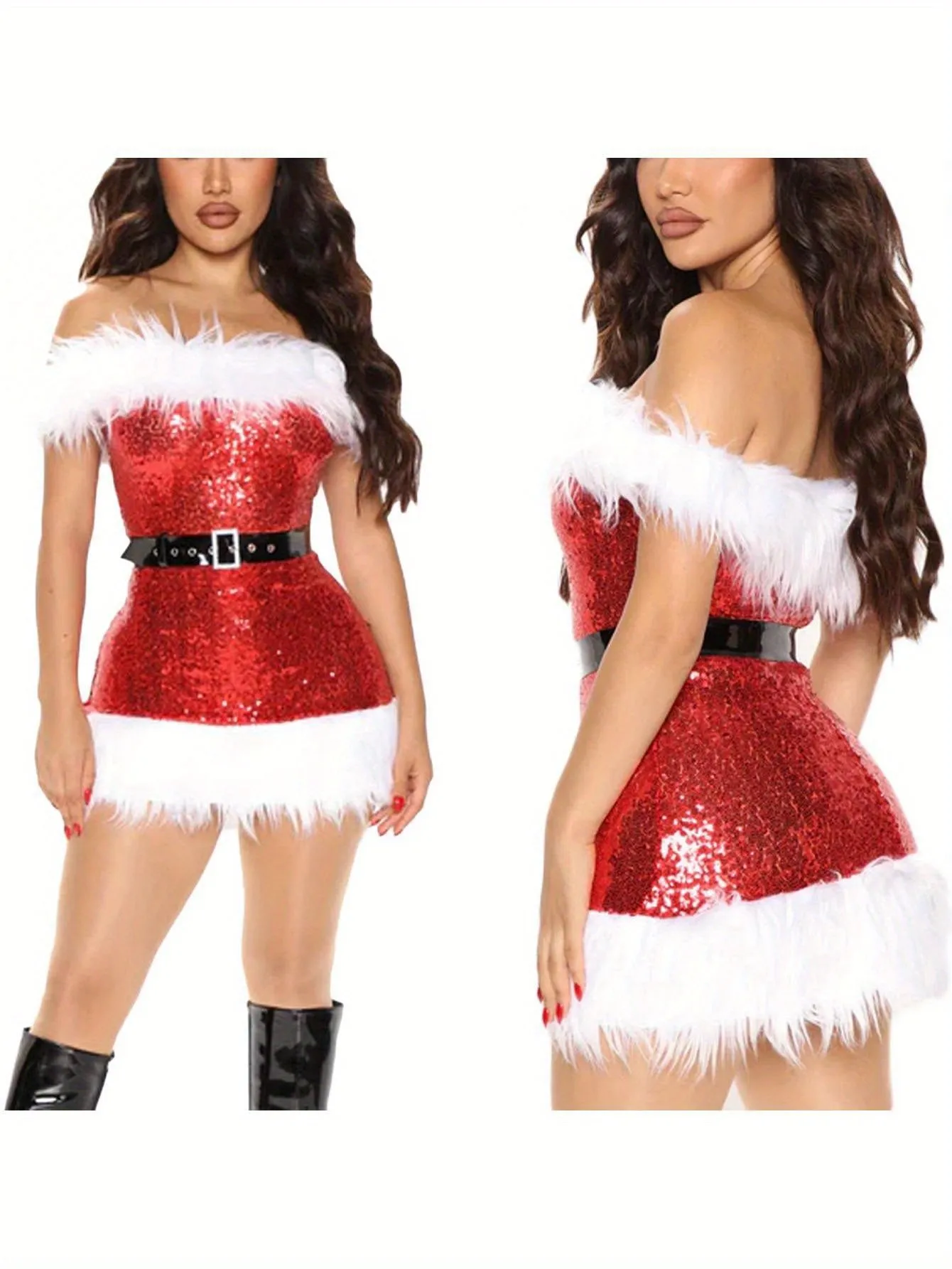 Sleeveless Off Shoulder Sequined Plush Women Wrapped Christmas Dress for Casual Party Club Street