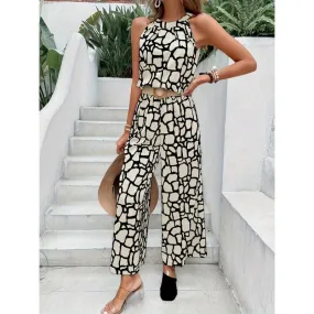 Sleeveless Printed Waist-controlled Lace-up One-piece Trousers