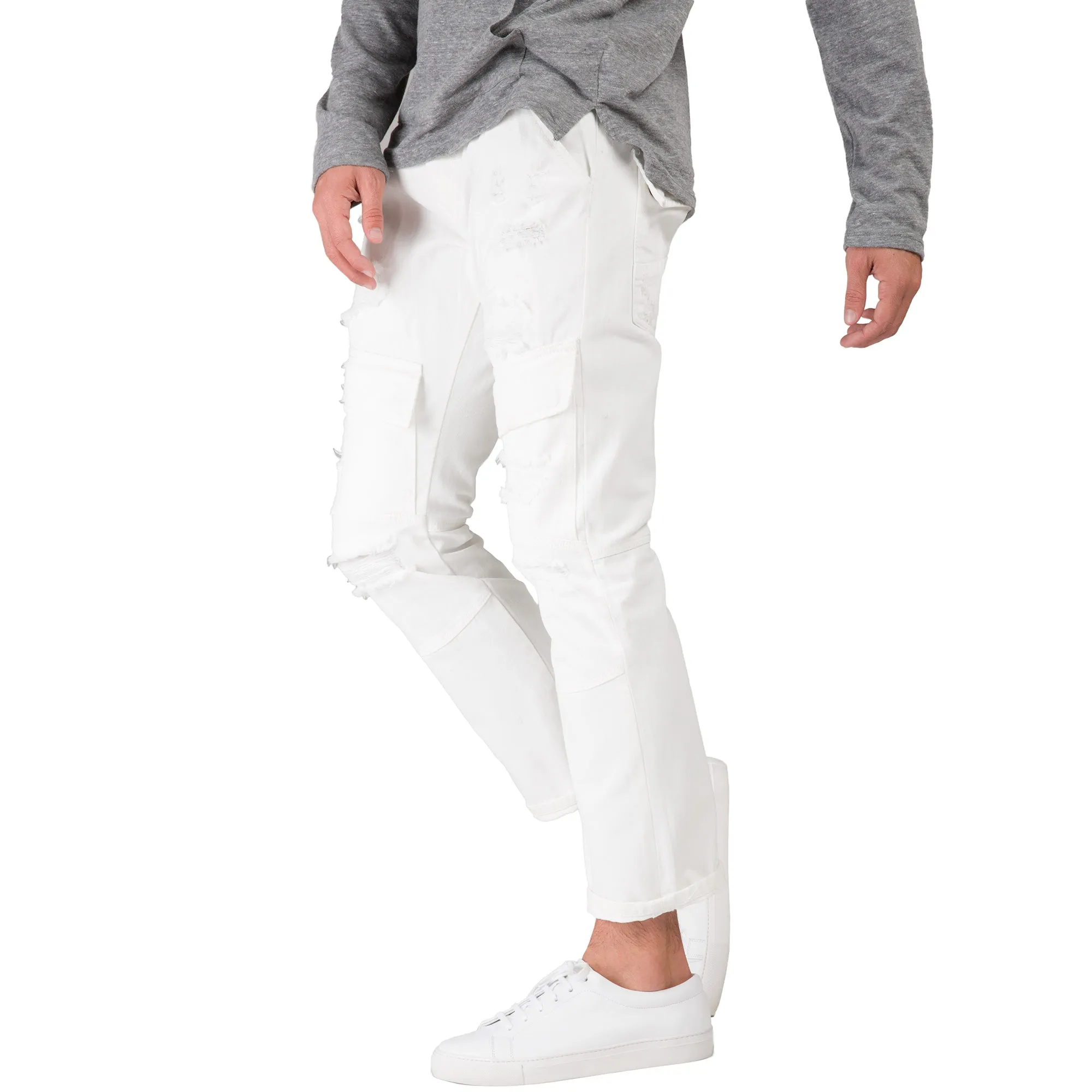 Slim Straight Distressed & Mended White Premium Denim Front Cargo Pocket Jeans