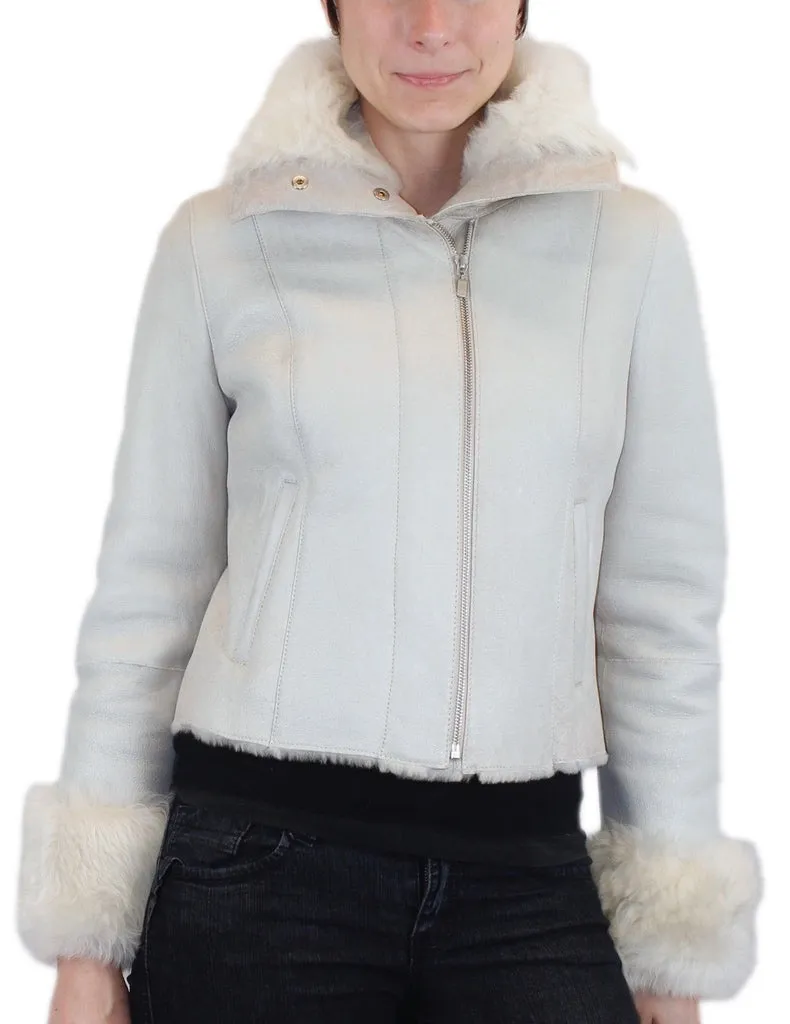 SMALL/MEDIUM LIGHT GRAY OFF WHITE SHEARLING FUR SHEEPSKIN LEATHER MOTORCYCLE JACKET