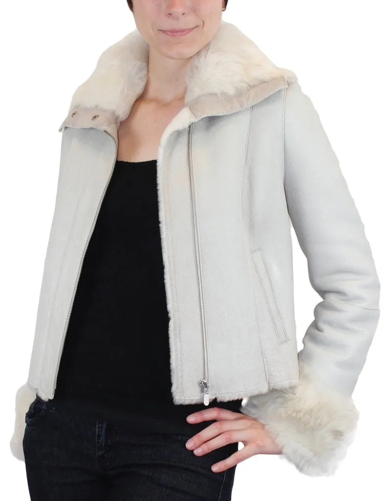 SMALL/MEDIUM LIGHT GRAY OFF WHITE SHEARLING FUR SHEEPSKIN LEATHER MOTORCYCLE JACKET