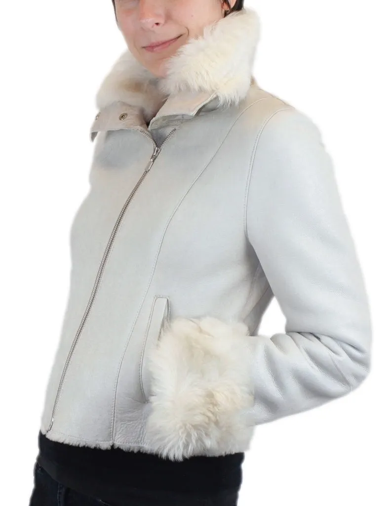 SMALL/MEDIUM LIGHT GRAY OFF WHITE SHEARLING FUR SHEEPSKIN LEATHER MOTORCYCLE JACKET