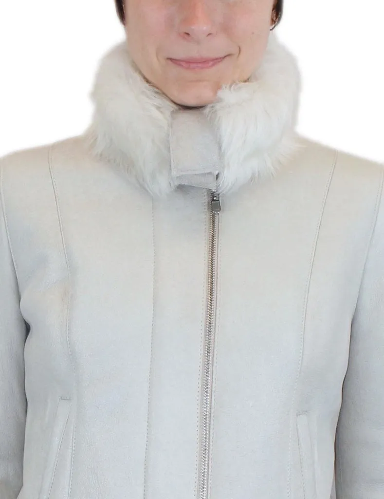 SMALL/MEDIUM LIGHT GRAY OFF WHITE SHEARLING FUR SHEEPSKIN LEATHER MOTORCYCLE JACKET