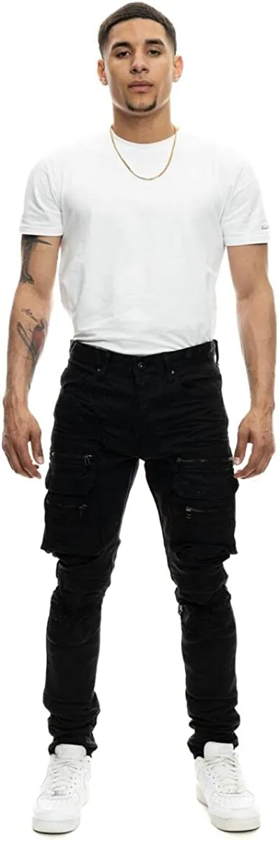 Smoke Rise Fashion RIP & Repair Cargo Moto Jeans