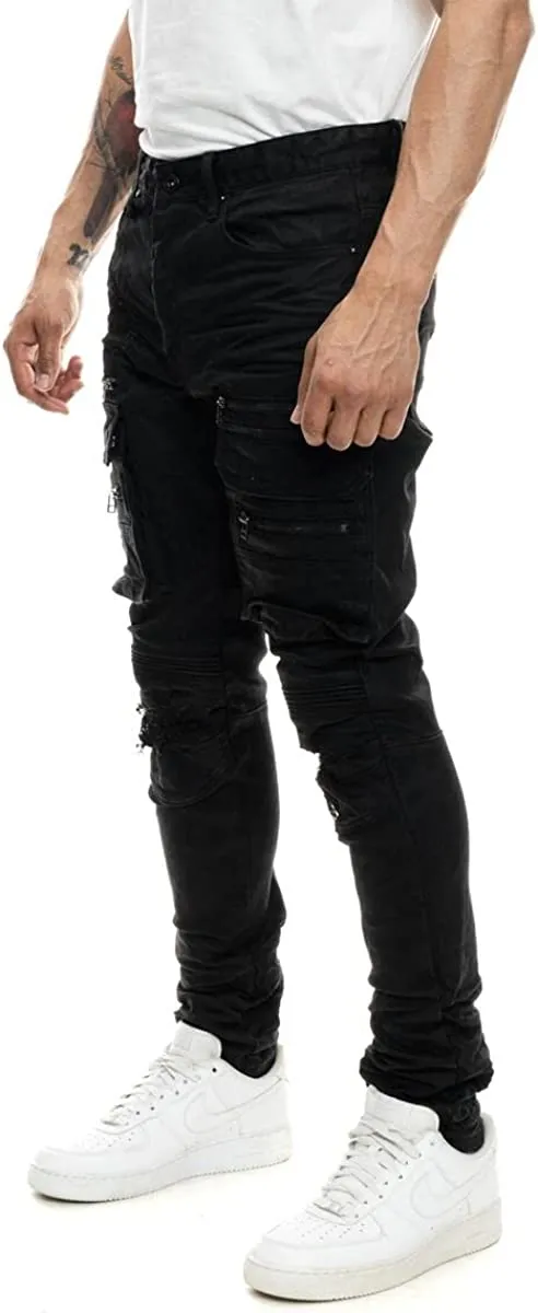 Smoke Rise Fashion RIP & Repair Cargo Moto Jeans