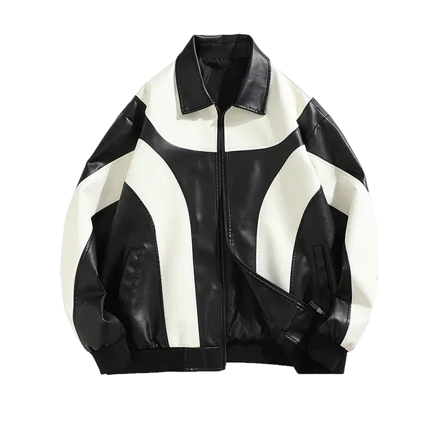 Solid Contrast Faux Leather Loose Jacket