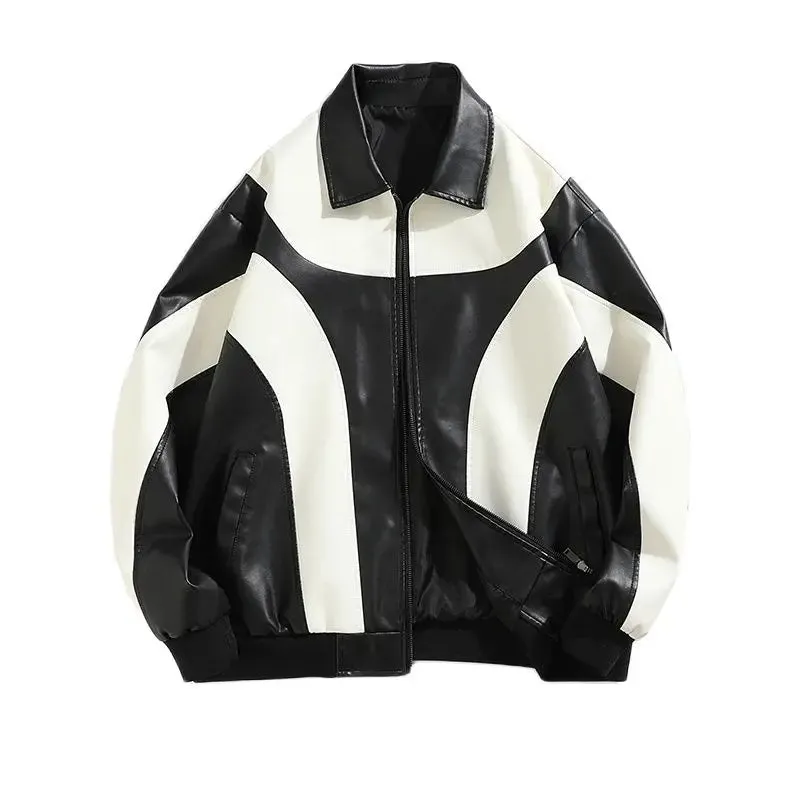 Solid Contrast Faux Leather Loose Jacket