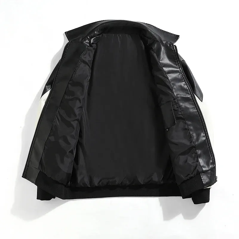 Solid Contrast Faux Leather Loose Jacket